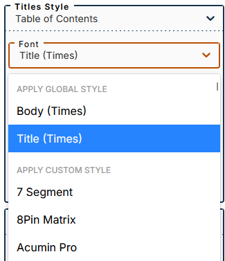 Choice of font for titles in the table of contents