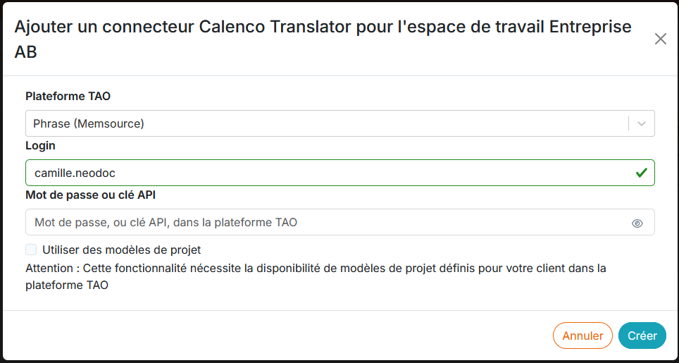 Dialogue de param&eacute;trage du connecteur