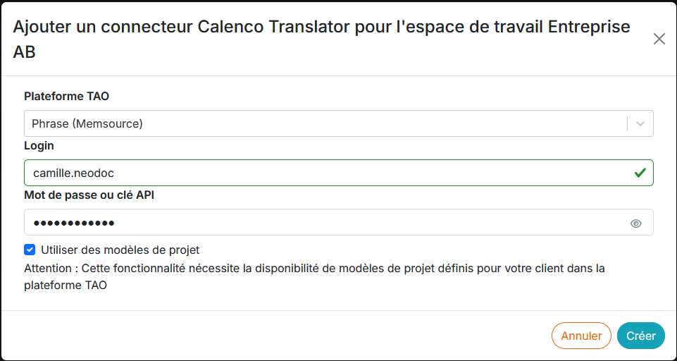 Dialogue de param&eacute;trage du connecteur