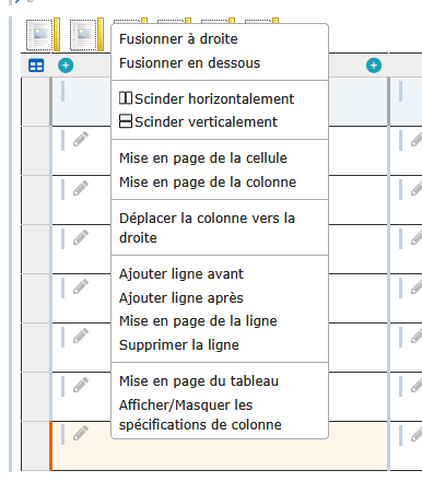 Menu contextuel d'une cellule