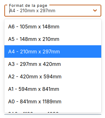 Menu d&eacute;roulant du choix de format de page