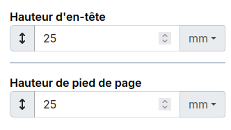 Champs d'&eacute;dition des hauteurs de l'en-t&ecirc;te et du pied de page