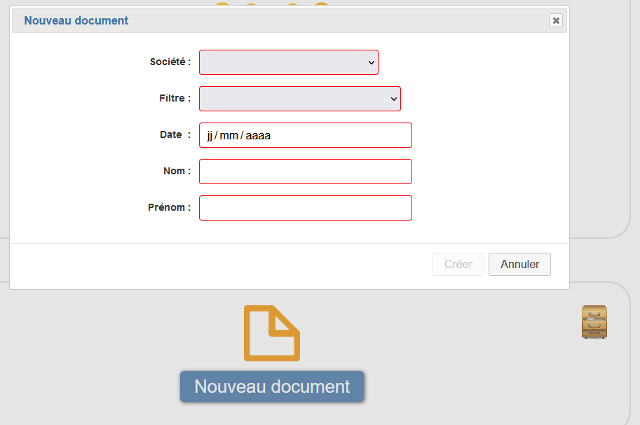 Exemple des champs pour le formulaire Nouveau Document dans le portail