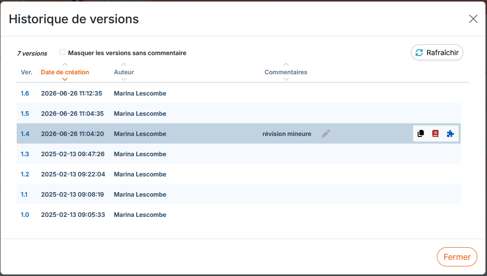 Historique de versions