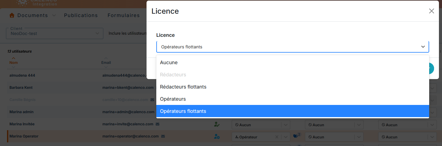 Menu Types de licence