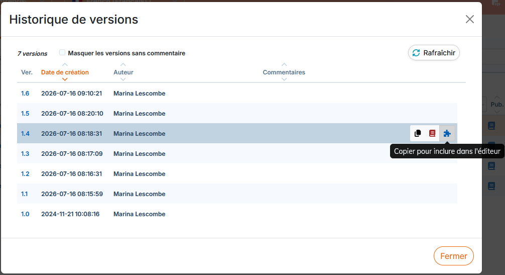 Exemple de r&eacute;utilisation d'une version pour un document natif &agrave; l'espace de travail