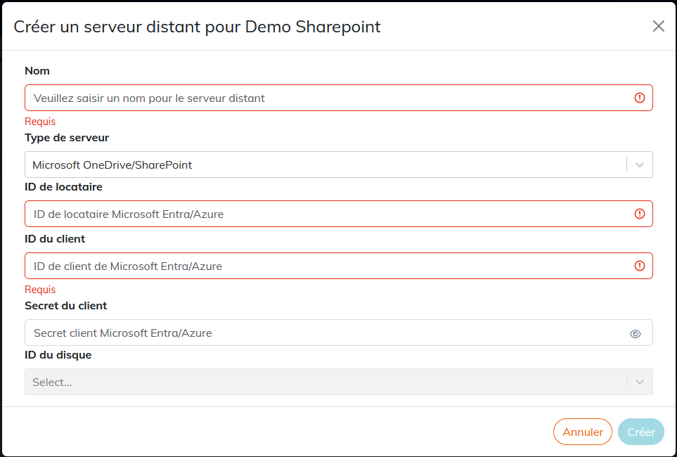 Param&eacute;trage du serveur Microsoft Sharepoint / OneDrive