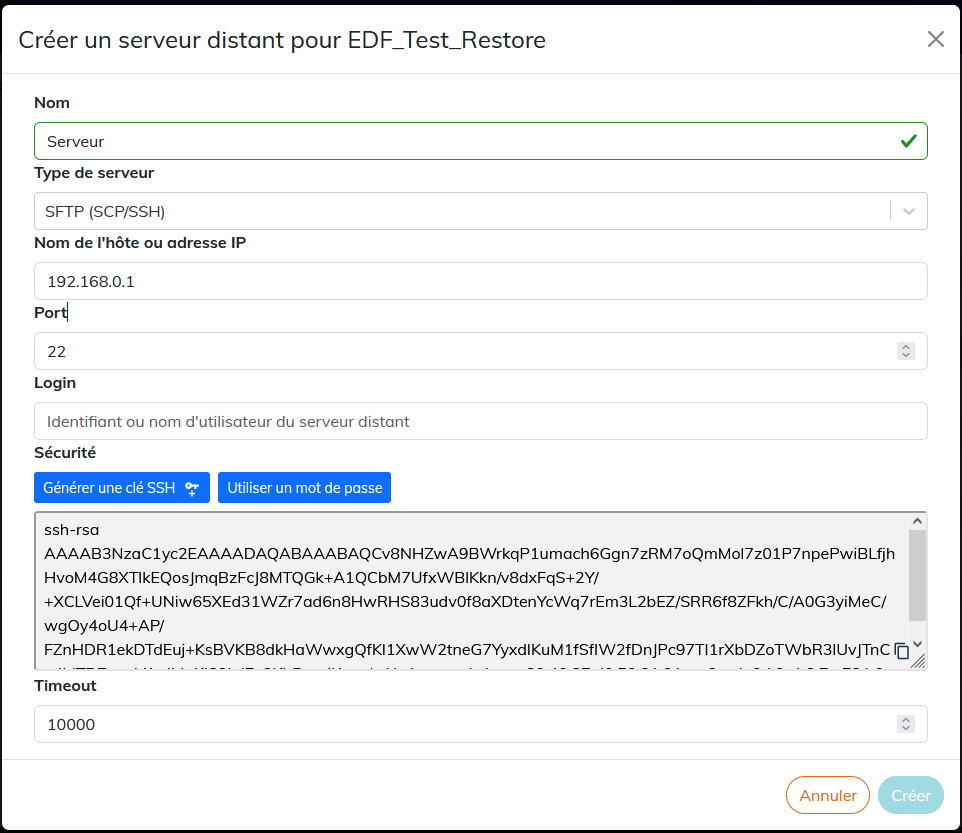Param&eacute;trage du serveur SFTP avec la cl&eacute; SSH