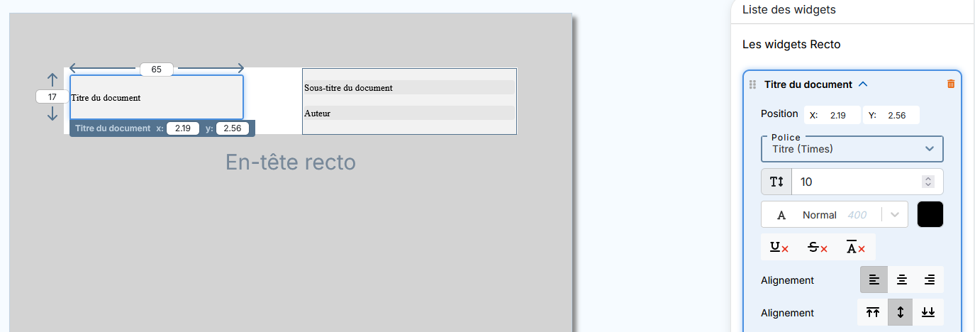 Un widget s&eacute;lectionn&eacute; dans l'en-t&ecirc;te