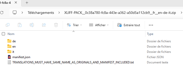 Exemple de la composition d'un pack export pour traduction